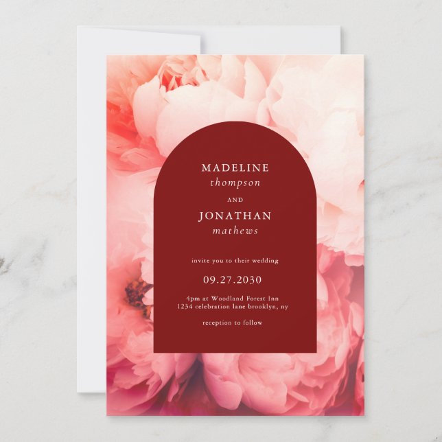 Elegant Classic Crimson Red Peonies Arch Wedding Invitation (Front)