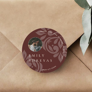 Elegant Classic Damask Chic Photo Burgundy Wedding Round Sticker