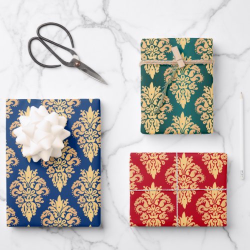 Elegant Classic Damask Pattern Red Blue and Green Wrapping Paper Sheets