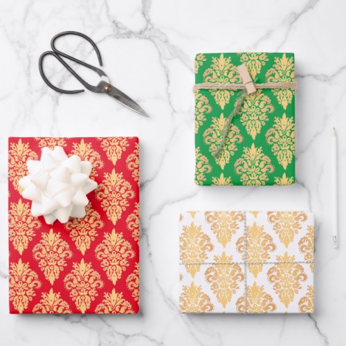 Elegant Classic Damask Pattern Red Green Gold Wrapping Paper Sheets