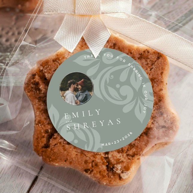 Elegant Classic Damask Script Photo Sage Wedding Round Sticker (Creator Uploaded)