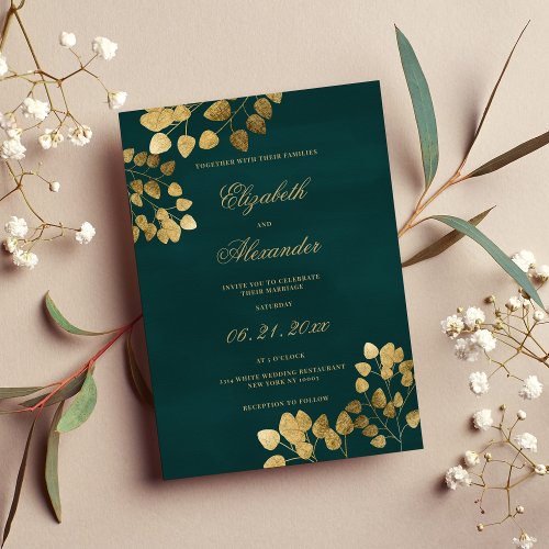 Elegant classic dark green gold eucalyptus wedding invitation