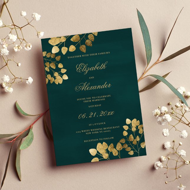 Elegant classic dark green gold eucalyptus wedding invitation (Elegant classic dark green gold eucalyptus wedding invitation )