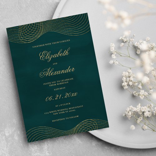 Elegant classic dark green gold geometric wedding invitation