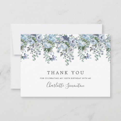 Elegant Classic Dusty Blue Floral 100th Birthday Thank You Card