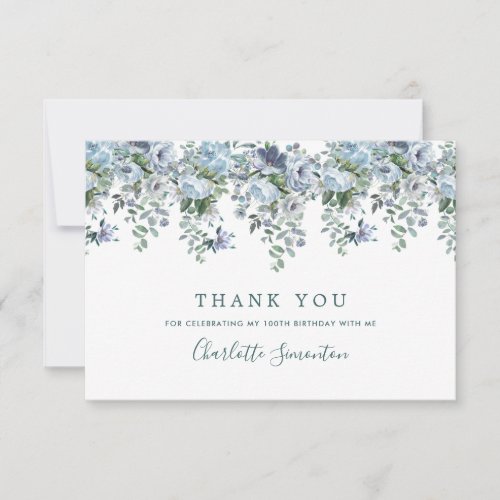 Elegant Classic Dusty Blue Floral 100th Birthday Thank You Card