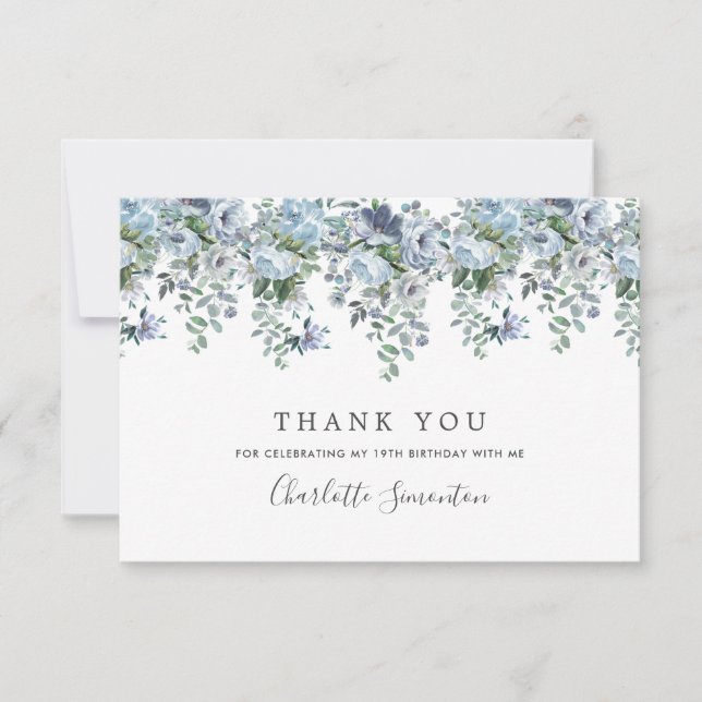 Elegant Classic Dusty Blue Floral 19th Birthday Thank You Card (Front)