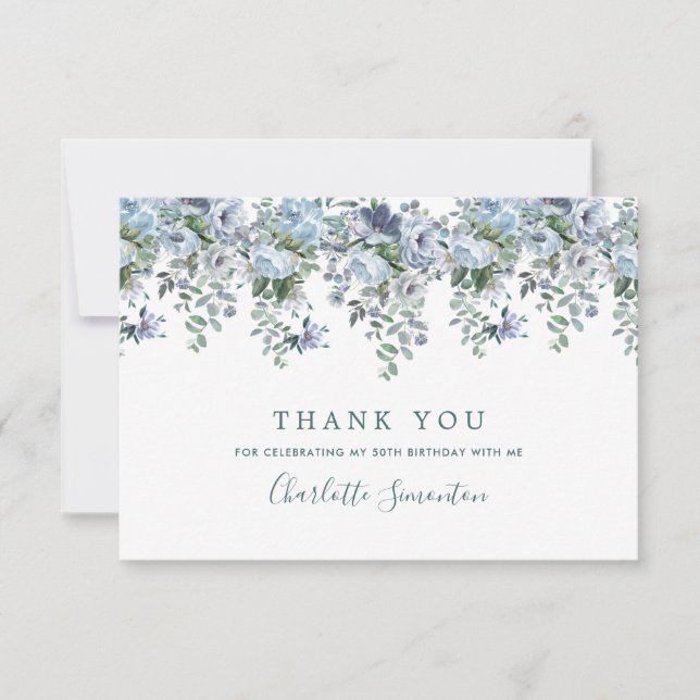 Elegant Classic Dusty Blue Floral 50th Birthday Thank You Card (Front)