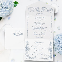 Elegant Classic Dusty Blue French Floral All In One Invitation