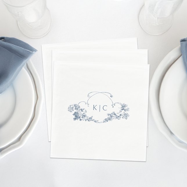 Elegant Classic Dusty Blue French Floral Crest Napkins (Creator Uploaded)