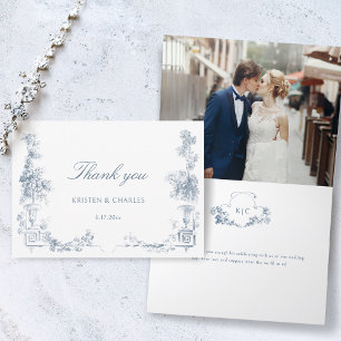 Elegant Classic Dusty Blue French Floral Letterpress Thank You Card