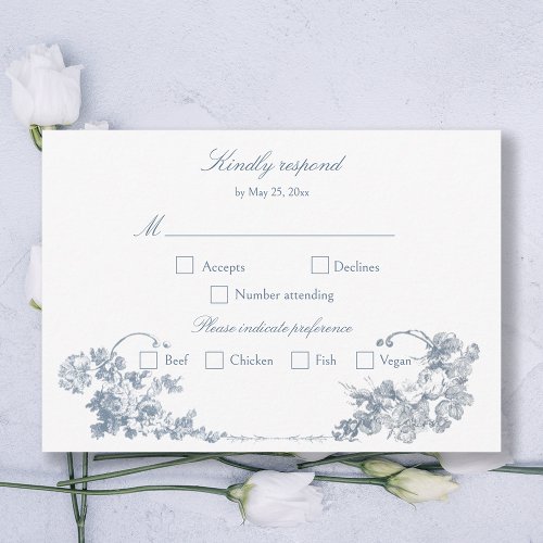 Elegant Classic Dusty Blue French Floral RSVP Card