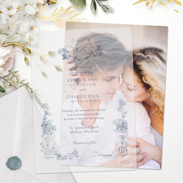 Elegant Classic Dusty Blue French Floral Vellum Invitations (Creator Uploaded)