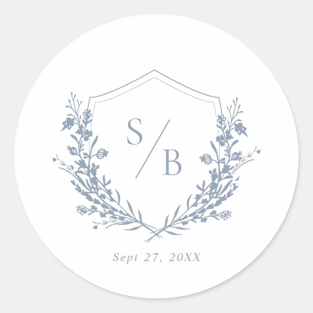 Elegant Classic Dusty Blue Monogram Crest Wedding Round Sticker (Front)