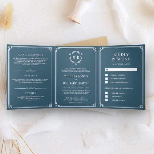 Elegant Classic Dusty Blue Monogram Wedding Tri_Fold Invitation