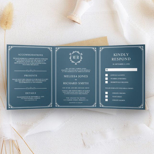 Elegant Classic Dusty Blue Monogram Wedding Tri-Fold Invitation (Creator Uploaded)
