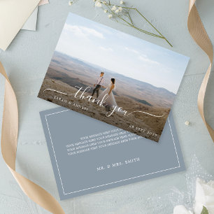 Elegant Classic Dusty Blue Photo Script Wedding Thank You Card