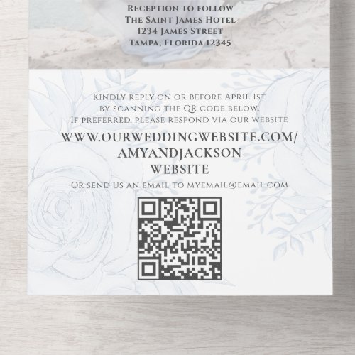 Elegant Classic Dusty Blue QR Code Floral RSVP All In One Invitation