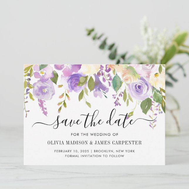 Elegant Classic Dusty Purple Violet Floral Wedding Save The Date (Standing Front)