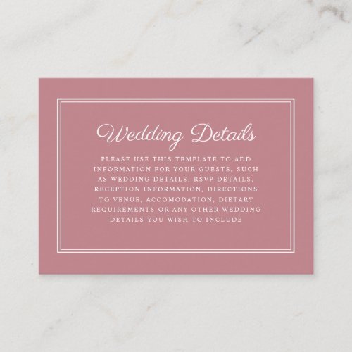 Elegant Classic Dusty Rose Wedding Detail Enclosure Card