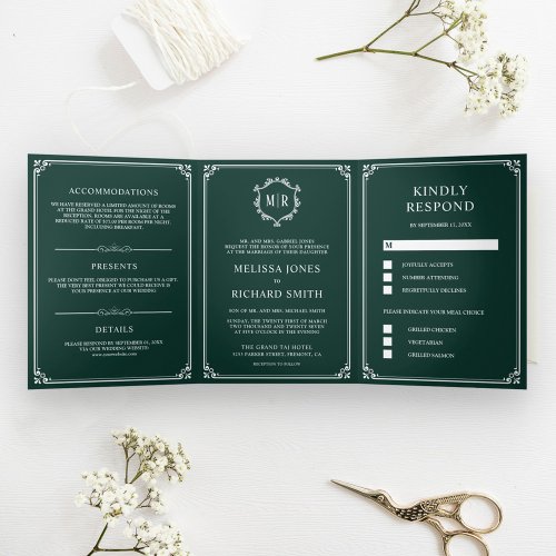 Elegant Classic Emerald Green Monogram Wedding Tri_Fold Invitation