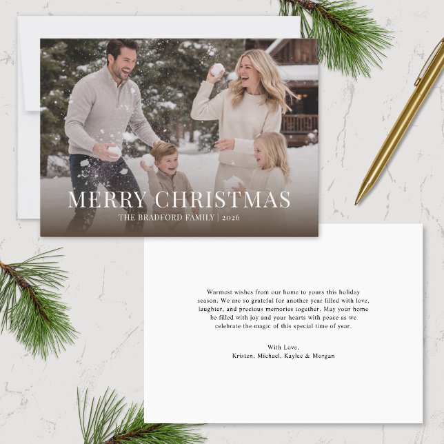 Elegant Classic Family Photo Christmas Card (Modern elegant family photo Christmas card with edge to edge full bleed photo and Merry Christmas )