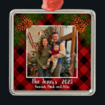 Elegant classic family photo red plaid pinecone metal ornament<br><div class="desc">Rustic country up-north feeling ! Red and black plaid - pine cones - holiday cheer,  elegant script calligraphy text! Customizable - change text style add your own photo,  make it your own!</div>