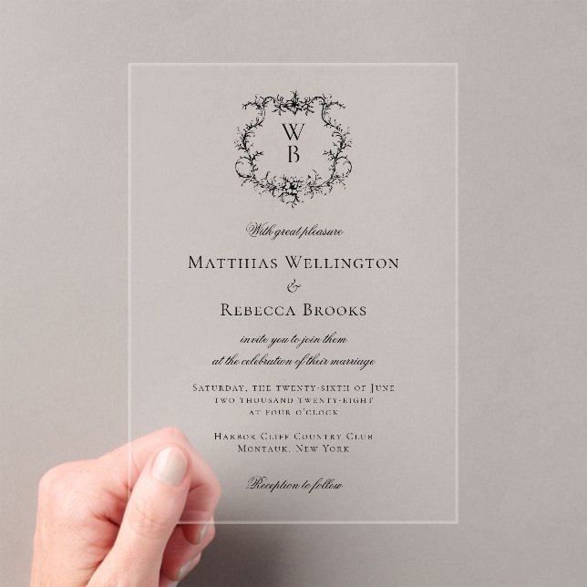 Elegant Classic Floral Crest Monogram Wedding Acrylic Invitations (Insitu (Handheld))