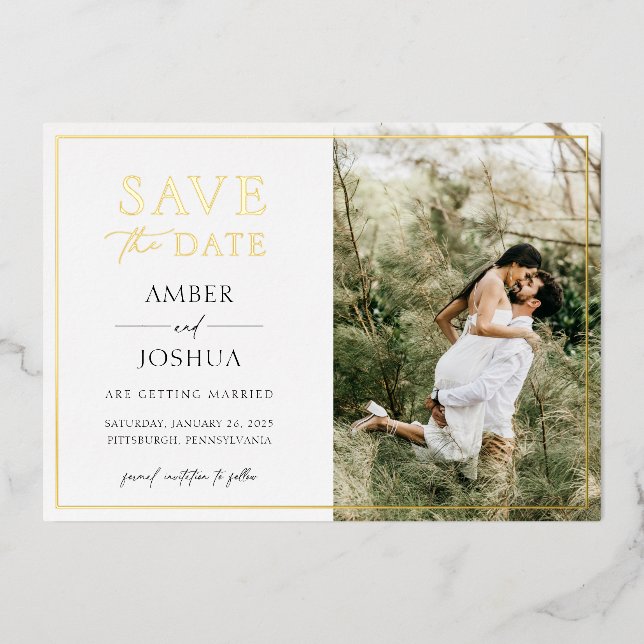 Elegant Classic Foil Pressed Photo Save the Date  Invitation (Front)
