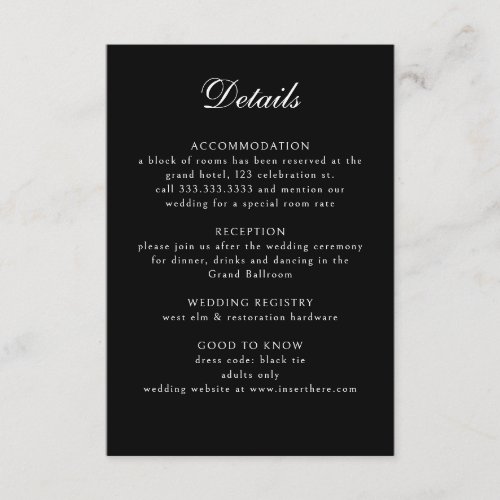 Elegant Classic Formal Black Calligraphy Wedding  Enclosure Card