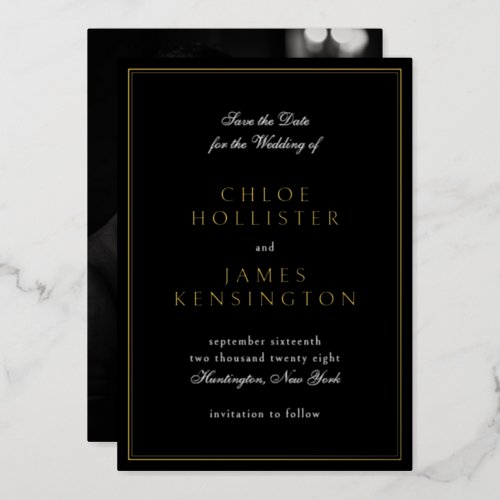 Elegant Classic Formal Black Photo Wedding Gold Foil Invitation