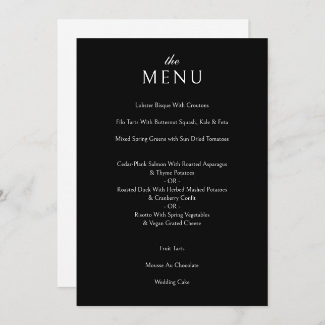 Elegant Classic Formal Black Wedding Dinner Menu (Front/Back)