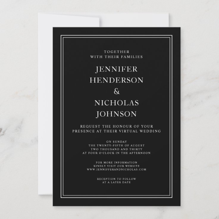 Elegant Classic Formal Black White Virtual Wedding Invitation | Zazzle