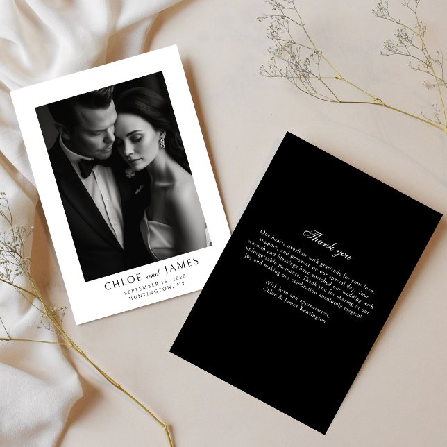 Elegant Classic Formal Black White Wedding Photo Thank You Card (Creator Uploaded)