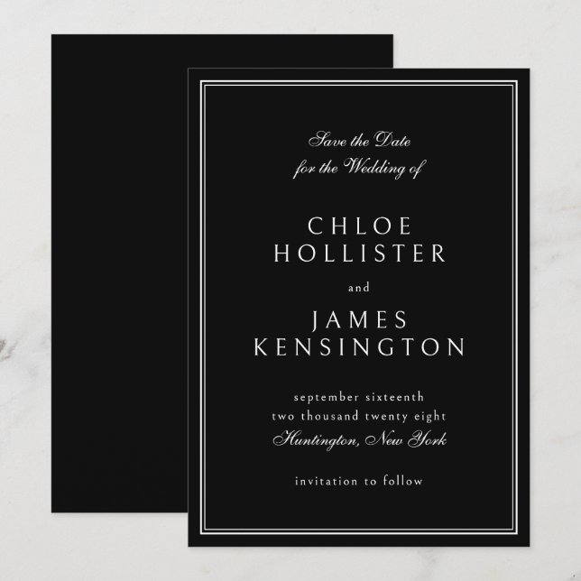 Elegant Classic Formal Black White Wedding Save The Date (Front/Back)