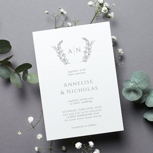 Elegant classic formal leafy monogram wedding invitation (Creator Uploaded)