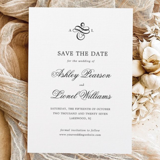 Elegant Classic Formal Script Monogram Wedding Save The Date (Creator Uploaded)