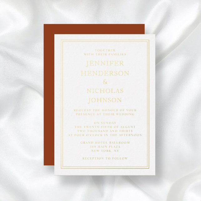 Elegant Classic Formal Terracotta Wedding Gold Foil Invitation (Front/Back)