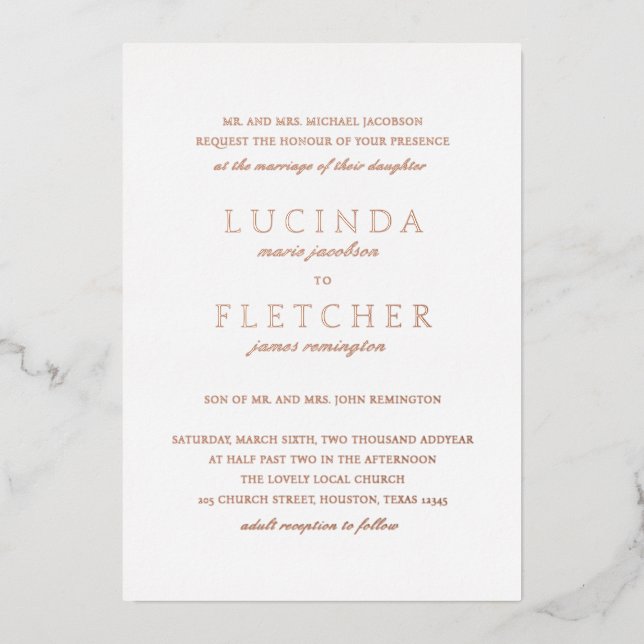 Elegant Classic Formal Wedding Rose Gold Foil Invitation (Front)