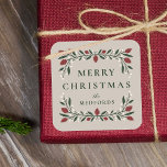 Elegant Classic Frame Personalized Christmas Square Sticker<br><div class="desc">These beautiful stickers feature a hand drawn floral and greenery frame in classic Christmas colors of deep green,  burgundy red,  and ivory over a custom color background (shown in sand beige). Perfect for envelope seals,  gift tag stickers,  or favor labels!</div>