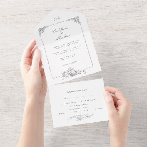 Elegant Classic French Rococo Floral All In One Invitation