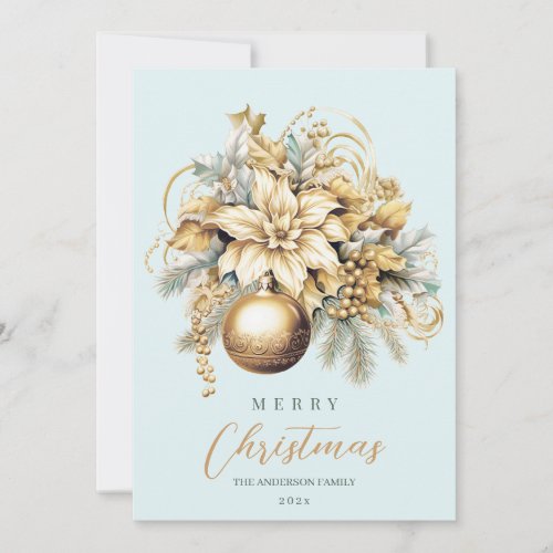 Elegant classic gold blue luxury Christmas bouquet Holiday Card