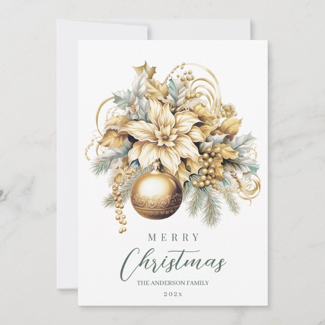 Elegant classic gold blue luxury Christmas bouquet Holiday Card (Front)