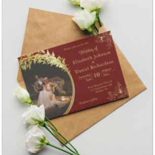 Elegant Classic Gold, Burgundy Photo Wedding Invitation