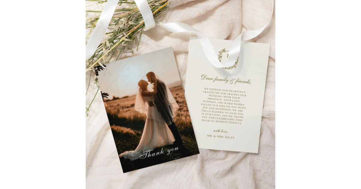 Elegant Classic Gold Crest Monogram Photo Wedding Thank You Card | Zazzle