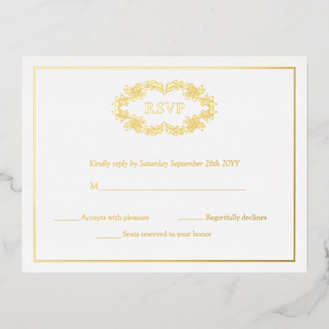 Elegant Classic Gold Crest Monogram RSVP Cards (Front)