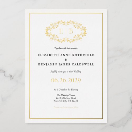 Elegant Classic Gold Crest Monogram Wedding Foil Invitation