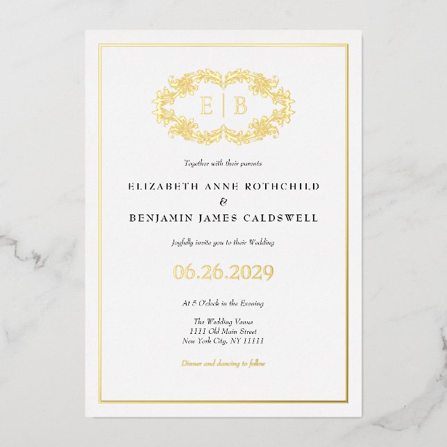 Elegant Classic Gold Crest Monogram Wedding Foil Invitation (Front)