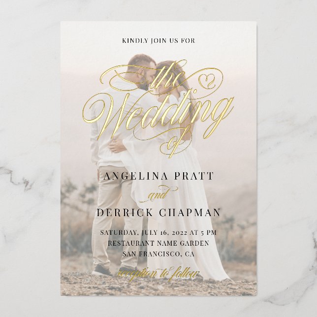 Elegant Classic Gold Foil Custom Photo Calligraphy Foil Invitation (Front)