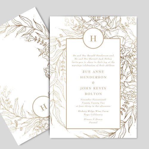 Elegant Classic Gold Foil Monogram Wreath Wedding Invitation